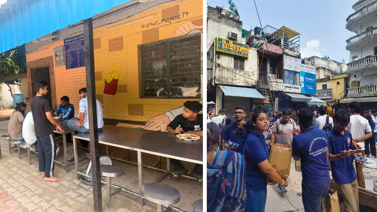 Students and NSS units across DU colleges are organising donation and collection drives to support the students. Food drive at Motilal Nehru College (L), relief efforts carried out by students of NSS Ram Lal Anand College (R )
