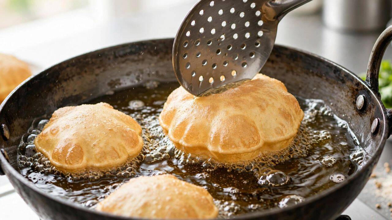 Press the puri gently and flip it once<br>
