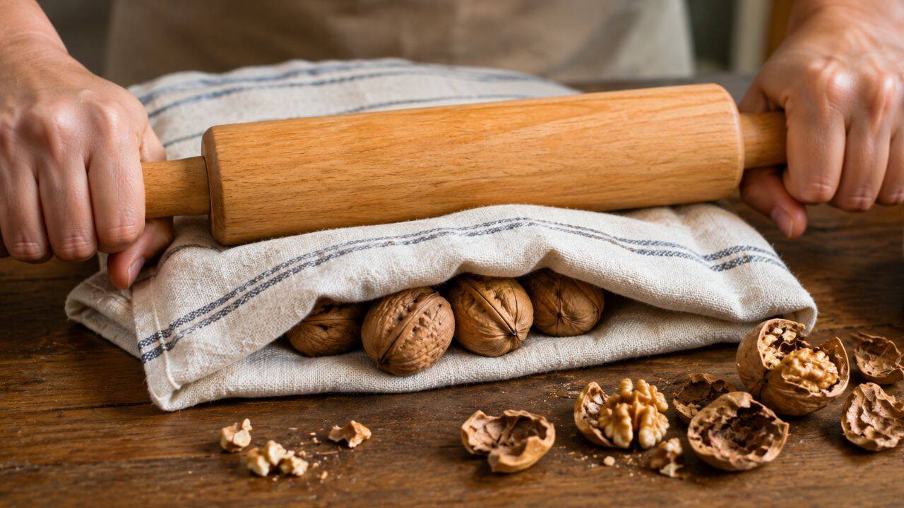 Tap the walnut with a rolling pin<br>