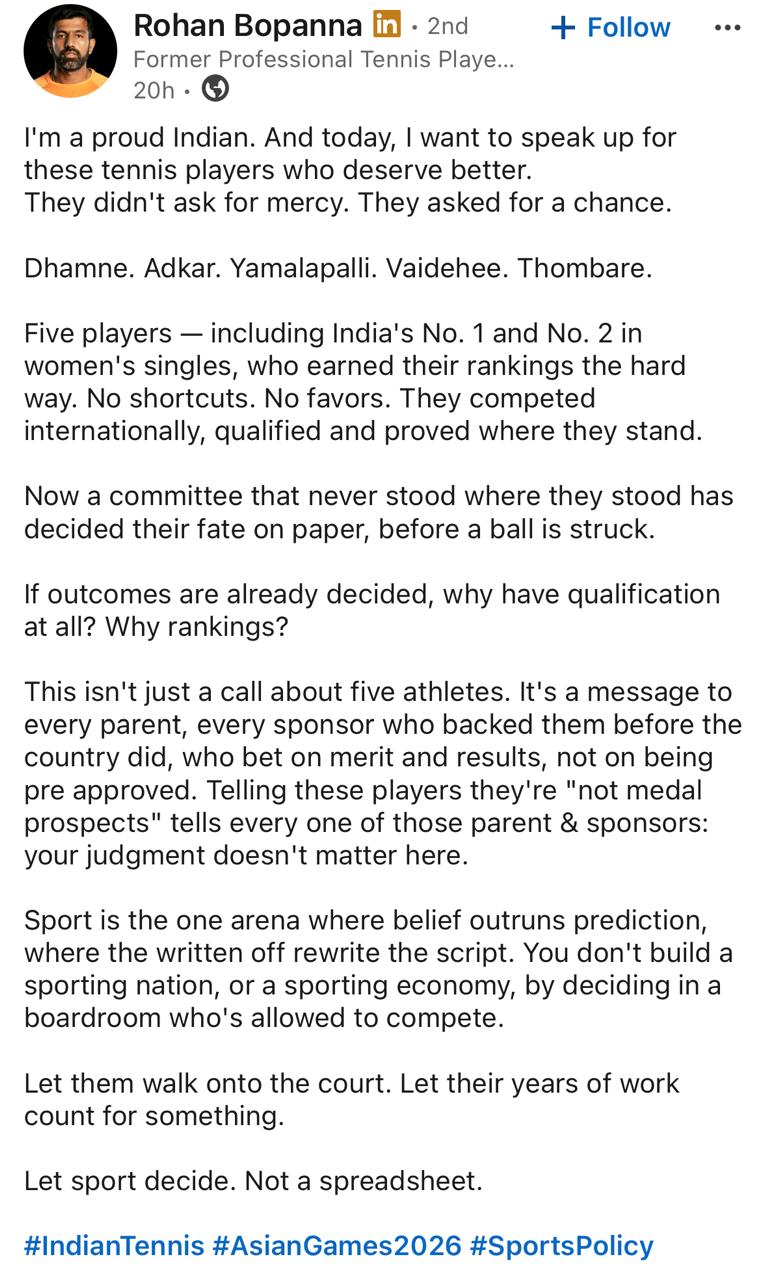Rohan Bopanna LinkedIn post