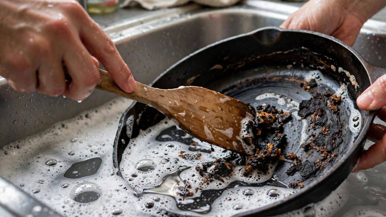 Remove the burnt food and clean the pan