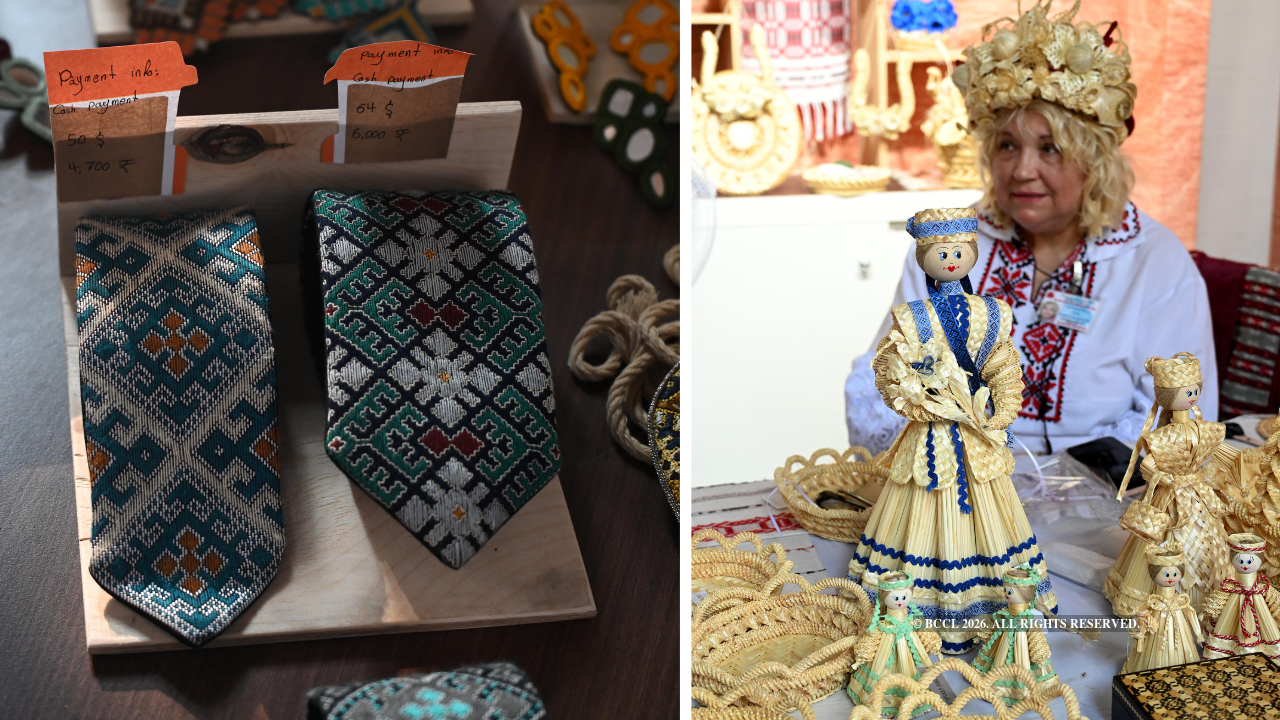 Iran's rashti and balochi embroidery were a hit at the bazaar (L), Belarus' straw woven hats (R )