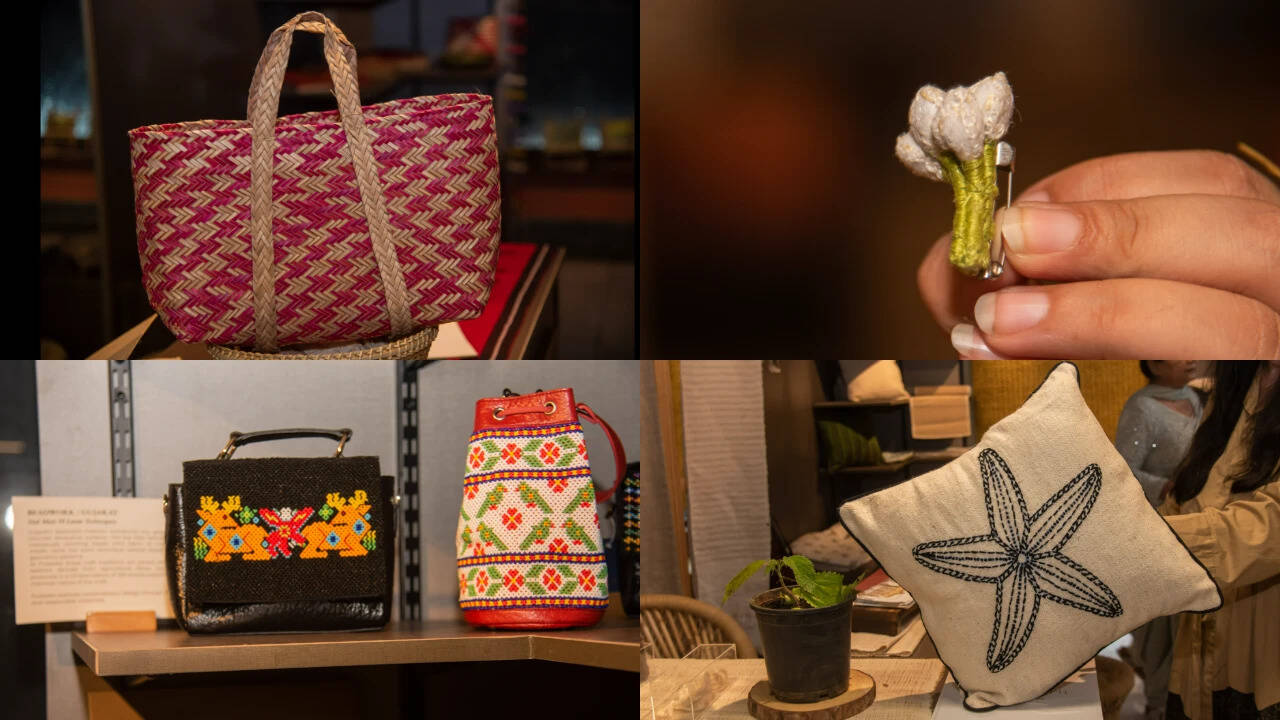 Clockwise: Tvastri's bamboo craft bag, Parul Gupta's brand Label Yuga's mogra brooch, Pillikothi Home's nettle fabric cushion cover and Kanika Sahijwani's brand Pusaaka's bead jewellery