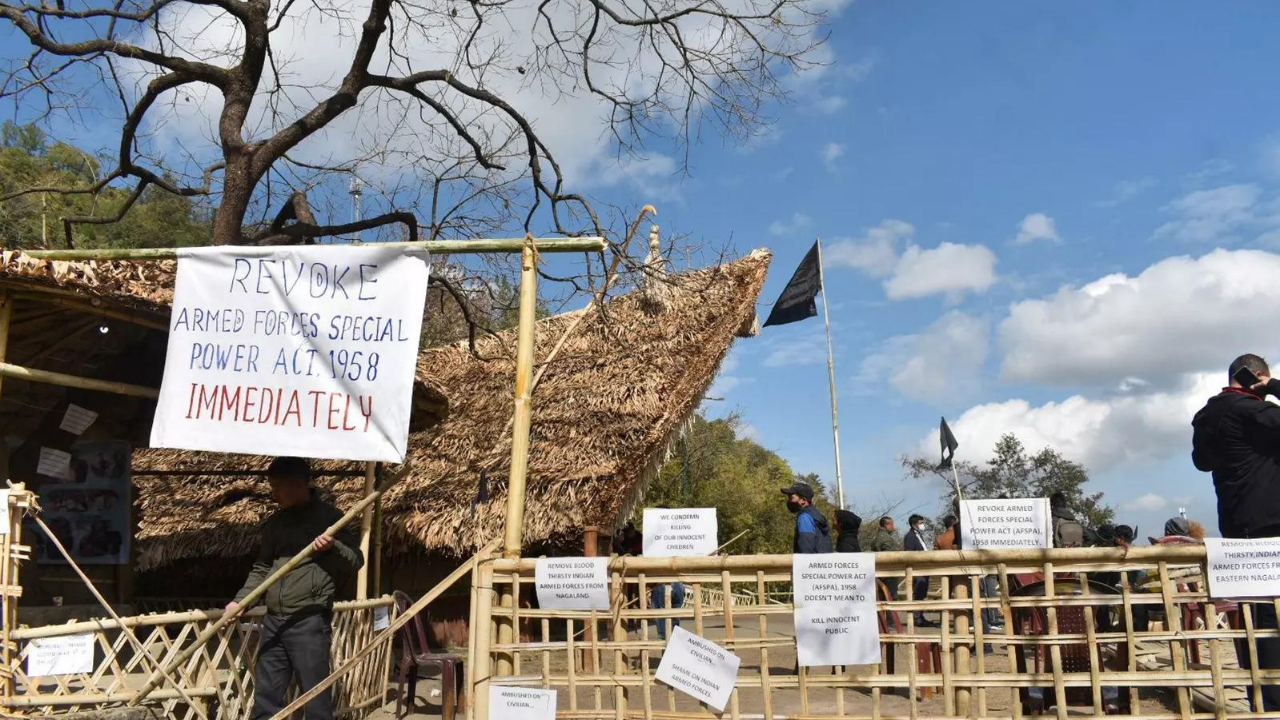 Placards and black flags put up at the venue of the Hornbill festival.