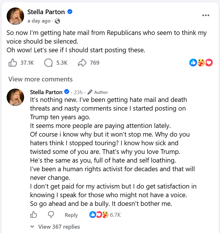 Dolly Parton’s sister Stella Parton says her late sibling “would be concerned about me today” amid alleged threats over her political activism.