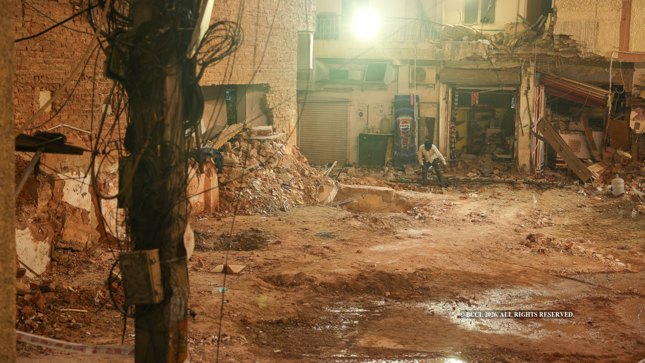 The collapsed building site in Satya Niketan, as of Monday evening