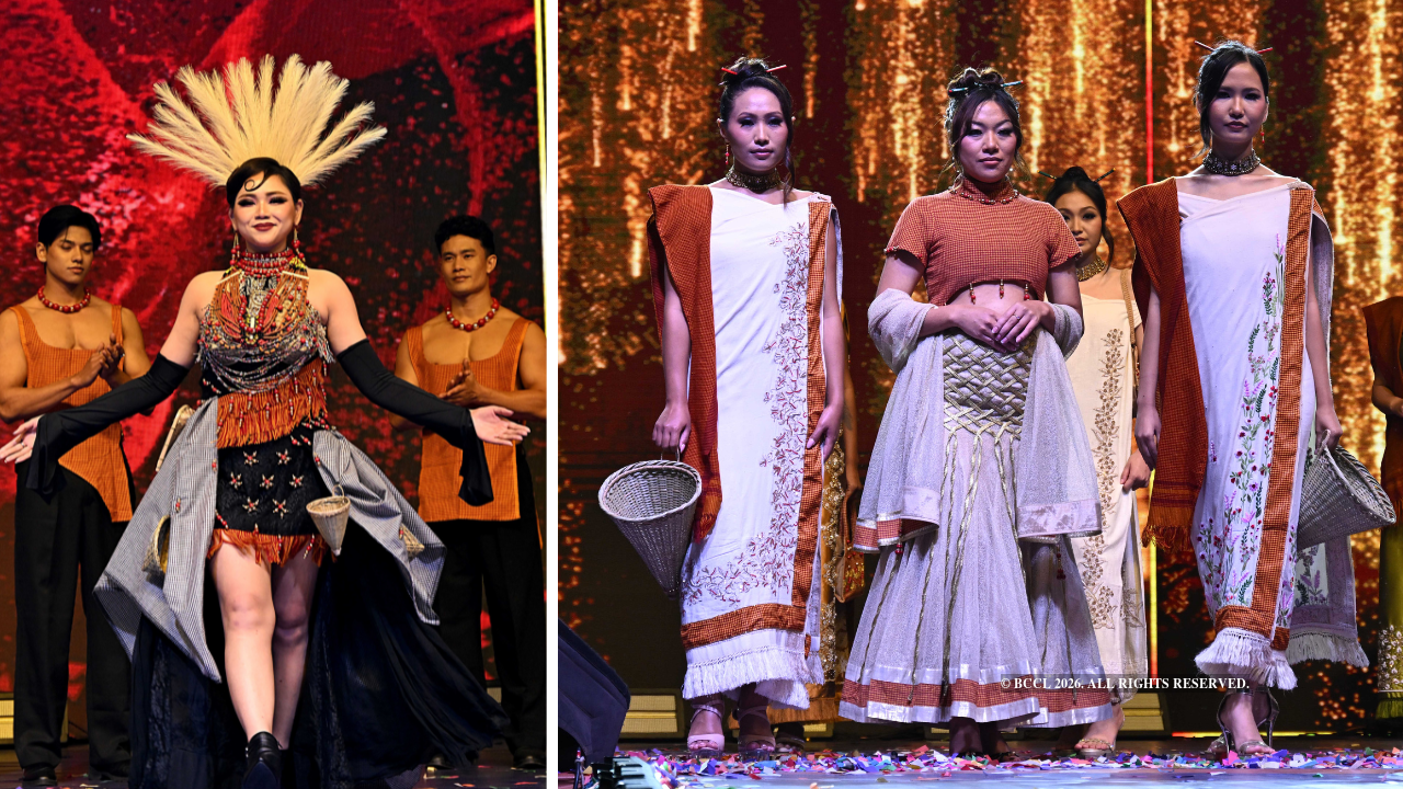 Manipuri model Danube Kangjam (L) walked as the showstopper, sporting a striking headpiece and an eclectic ensemble
