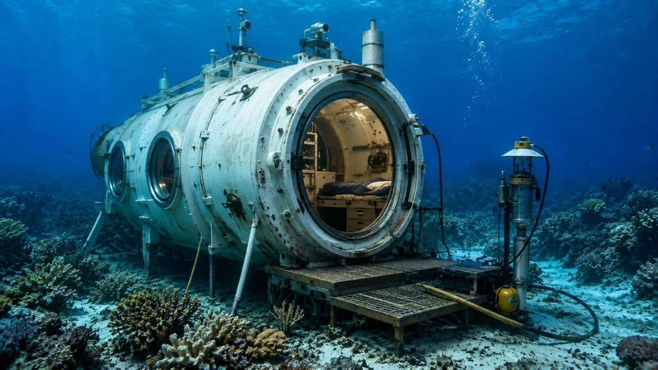 Inside the 100-square-foot underwater research habitat<br>