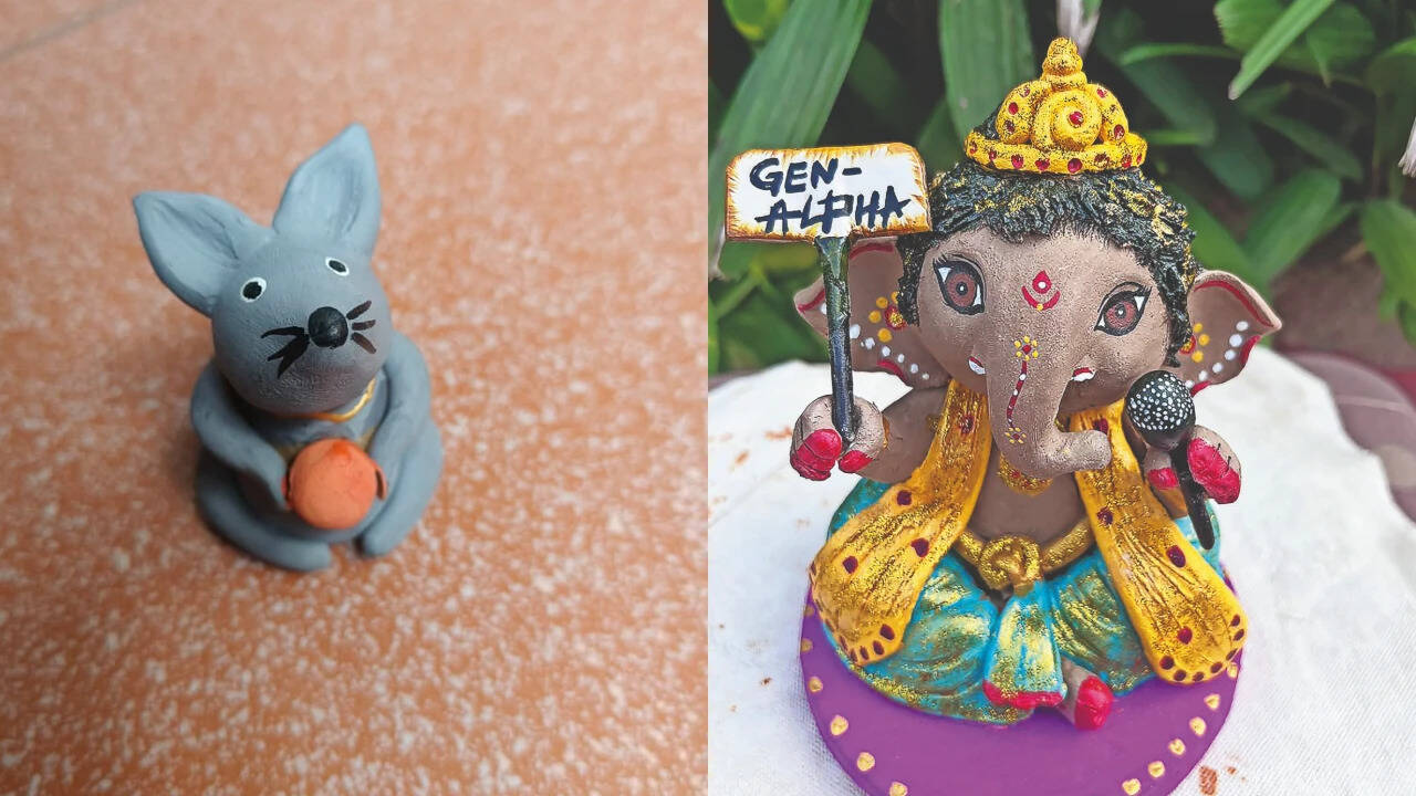 A participant commissioned a baby Ganesha holding a microphone and a flag that read Gen Alpha (Pics: @clayingthoughts)<br>