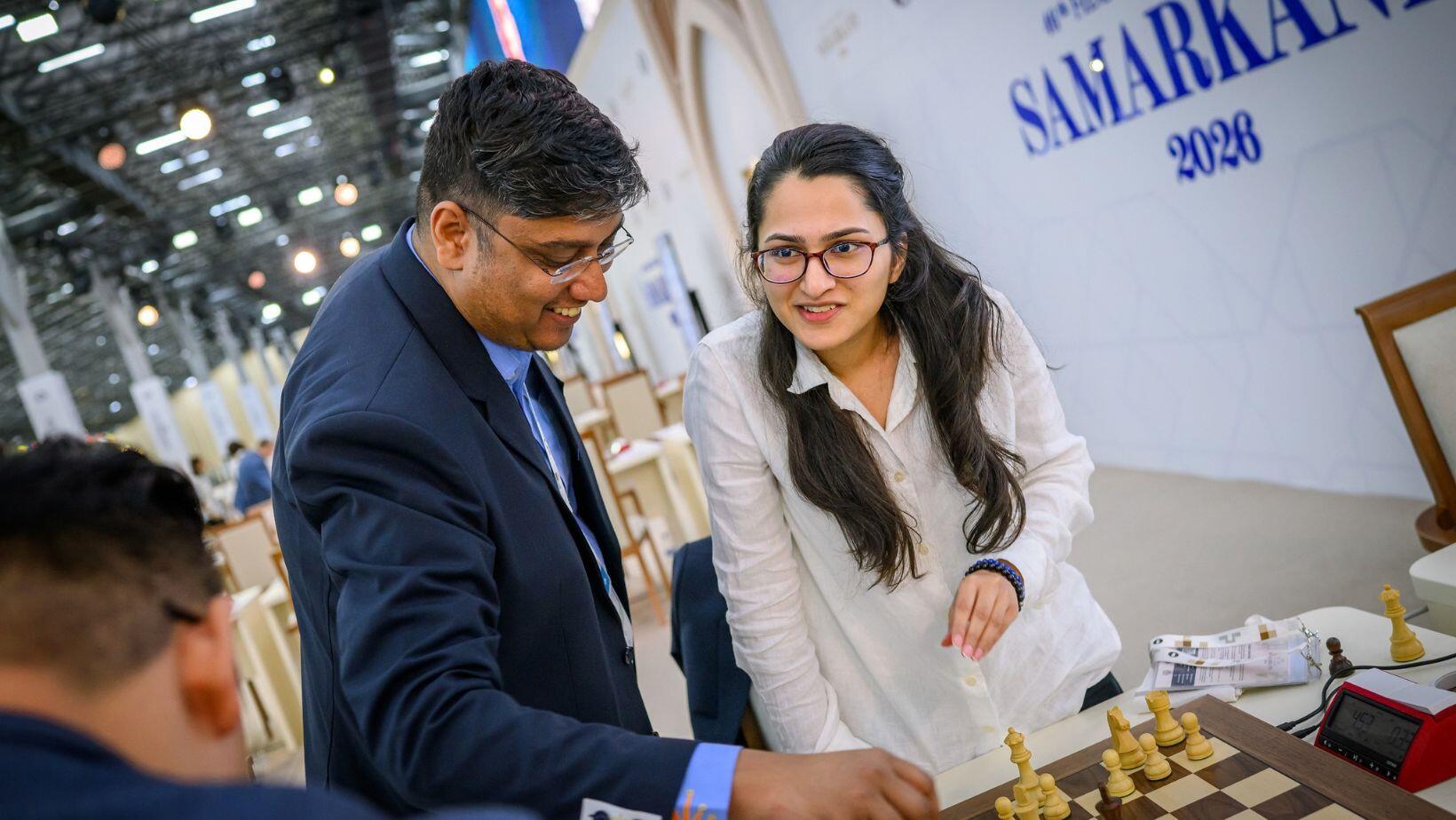 Women's team captain Swayams Mishra and Vantika Agrawal at Chess Olympiad (Photo by Michal Walusza for FIDE)