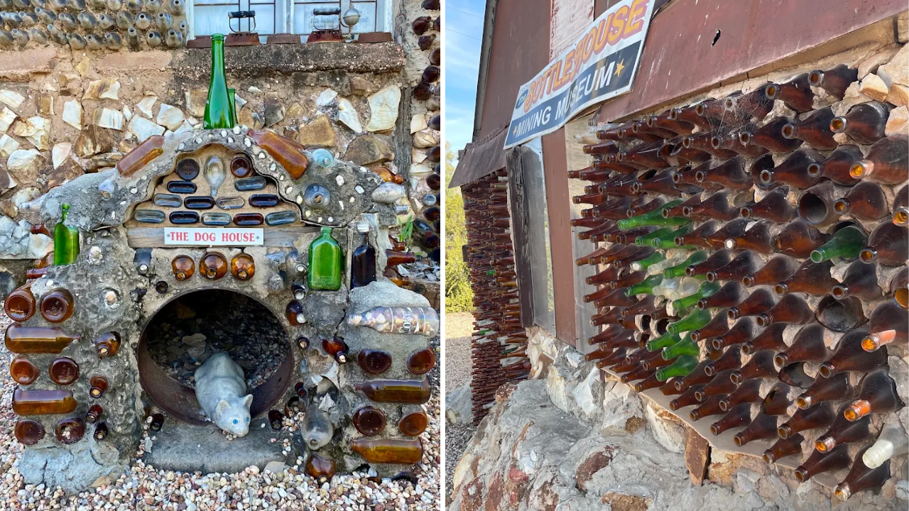 The building's walls are its most distinctive feature. Rows of glass bottles form the structure, giving it an appearance unlike a conventional house made with bricks, timber or concrete.