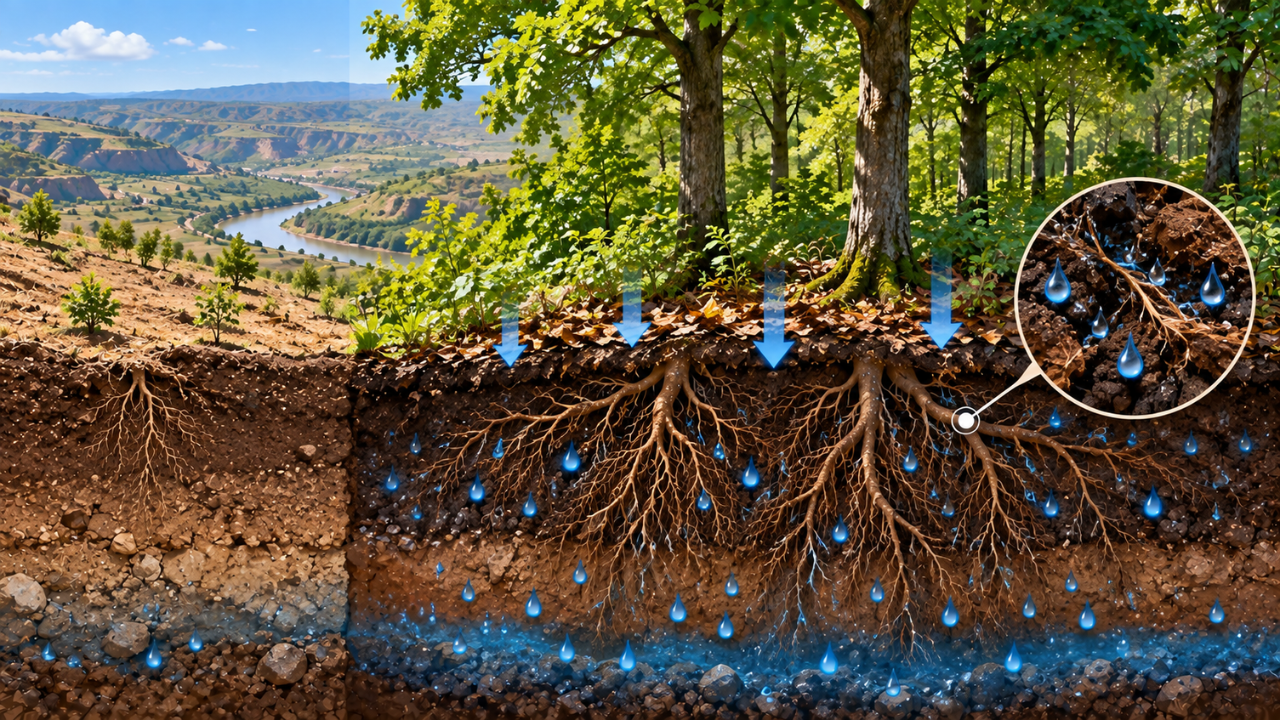 How did natural forests improve soil water storage