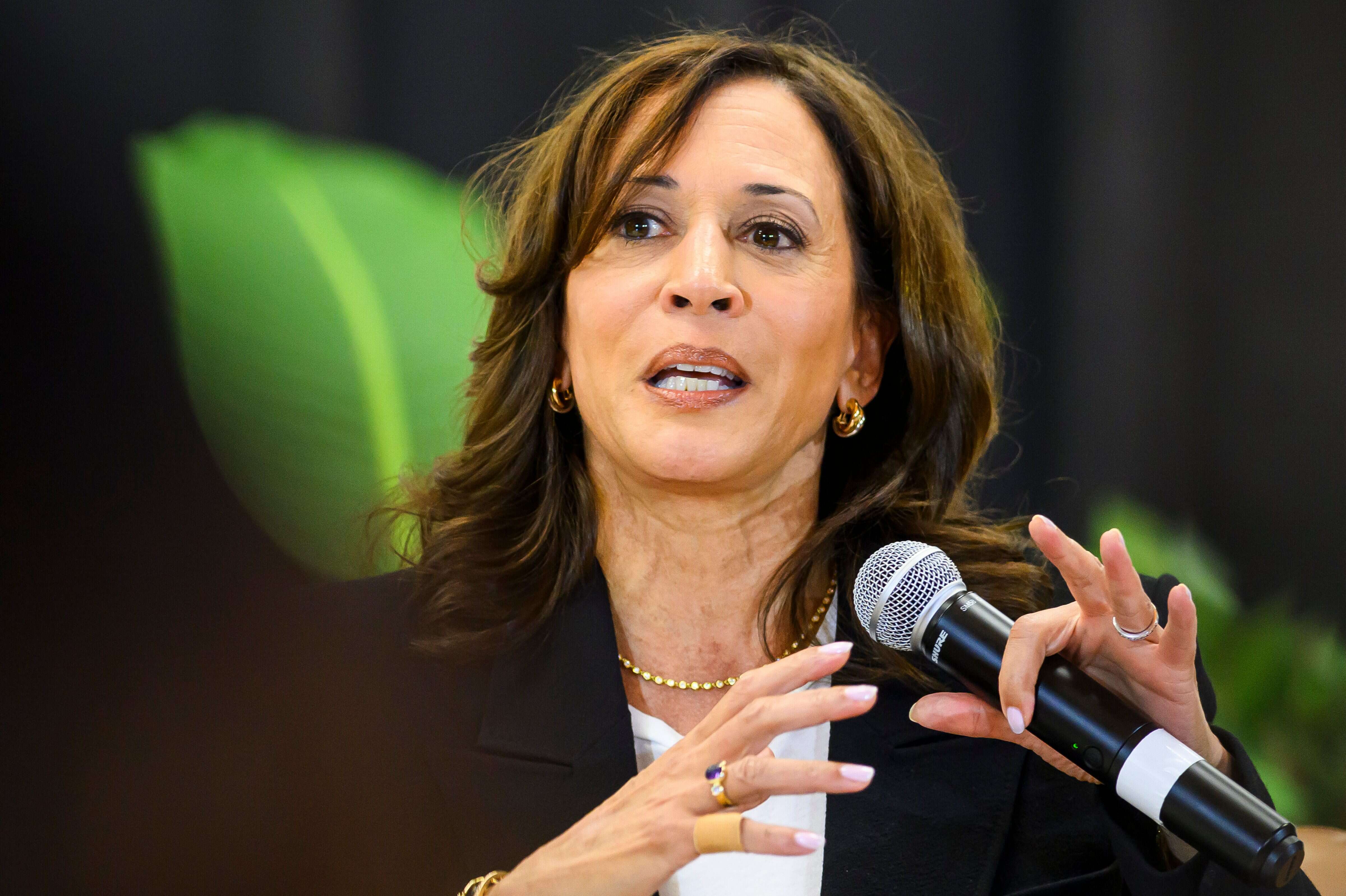Former Vice President Kamala Harris speaks with the Rev. Wendell Anthony, President of the Detroit Branch of the NAACP, and the Rev. Genetta Y. Hatcher during a fireside chat on Tuesday, Sept. 22, 2026 at Fellowship Church in Detroit. AP/PTI(AP09_23_2026_000002A) Detroit Kamala Harris