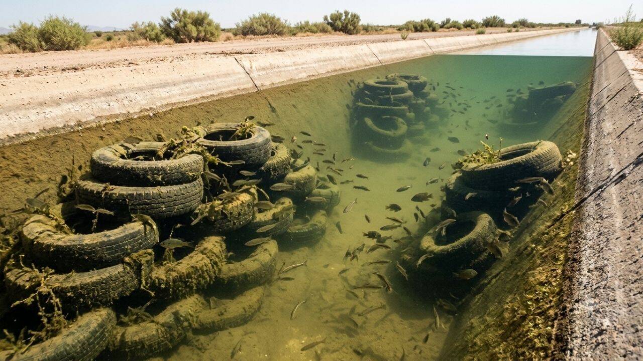 In 1994, researchers in California and Arizona turned discarded tyres into underwater reefs and found 20 times more fish in concrete canals | 2 How used tyres changed the shape of the canal habitat<br>