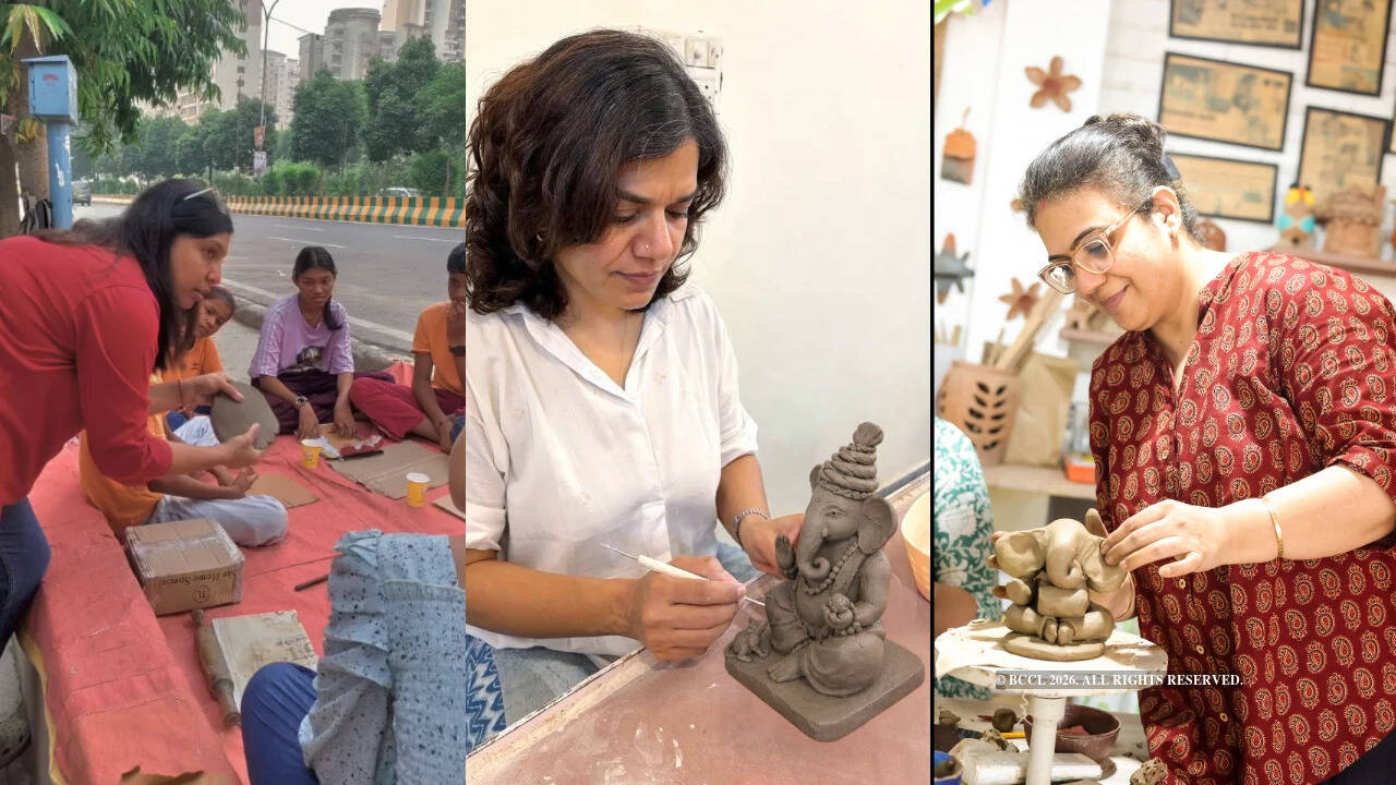L-R: Tanvi Saraiya taking a workshop at Jamghat Pathshala, Sona Srivastava at her pottery studio, Pooja Verma demostrating Ganesha making at a workshop in her Noida studio