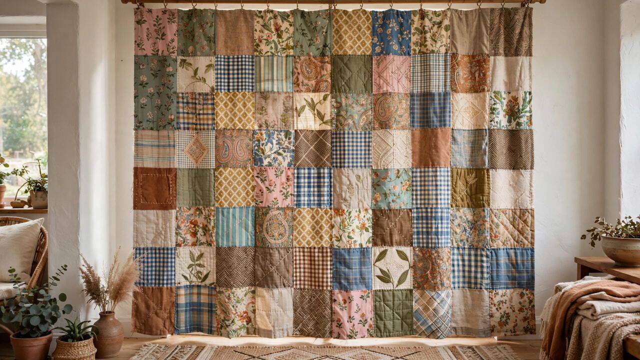 Stitch leftover fabric into a patchwork curtain<br>