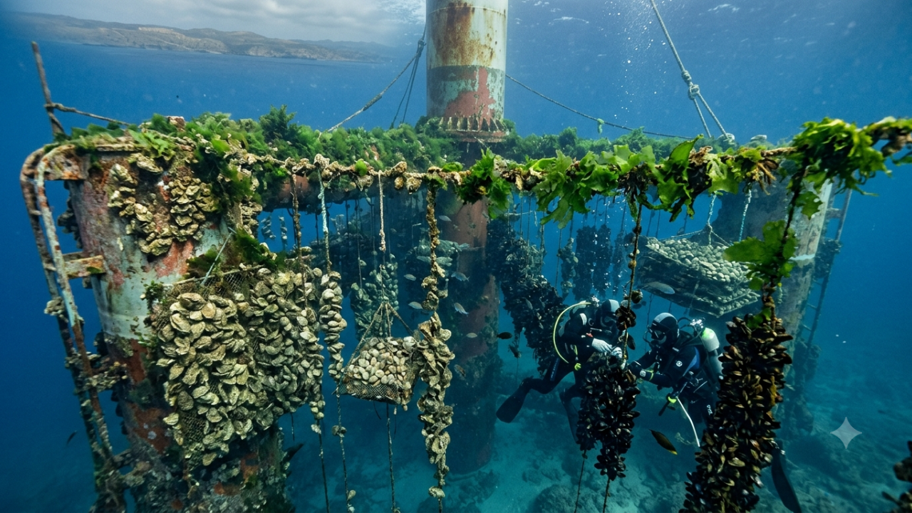 Oysters, clams, mussels and Ulva form an experimental underwater farming system<br>