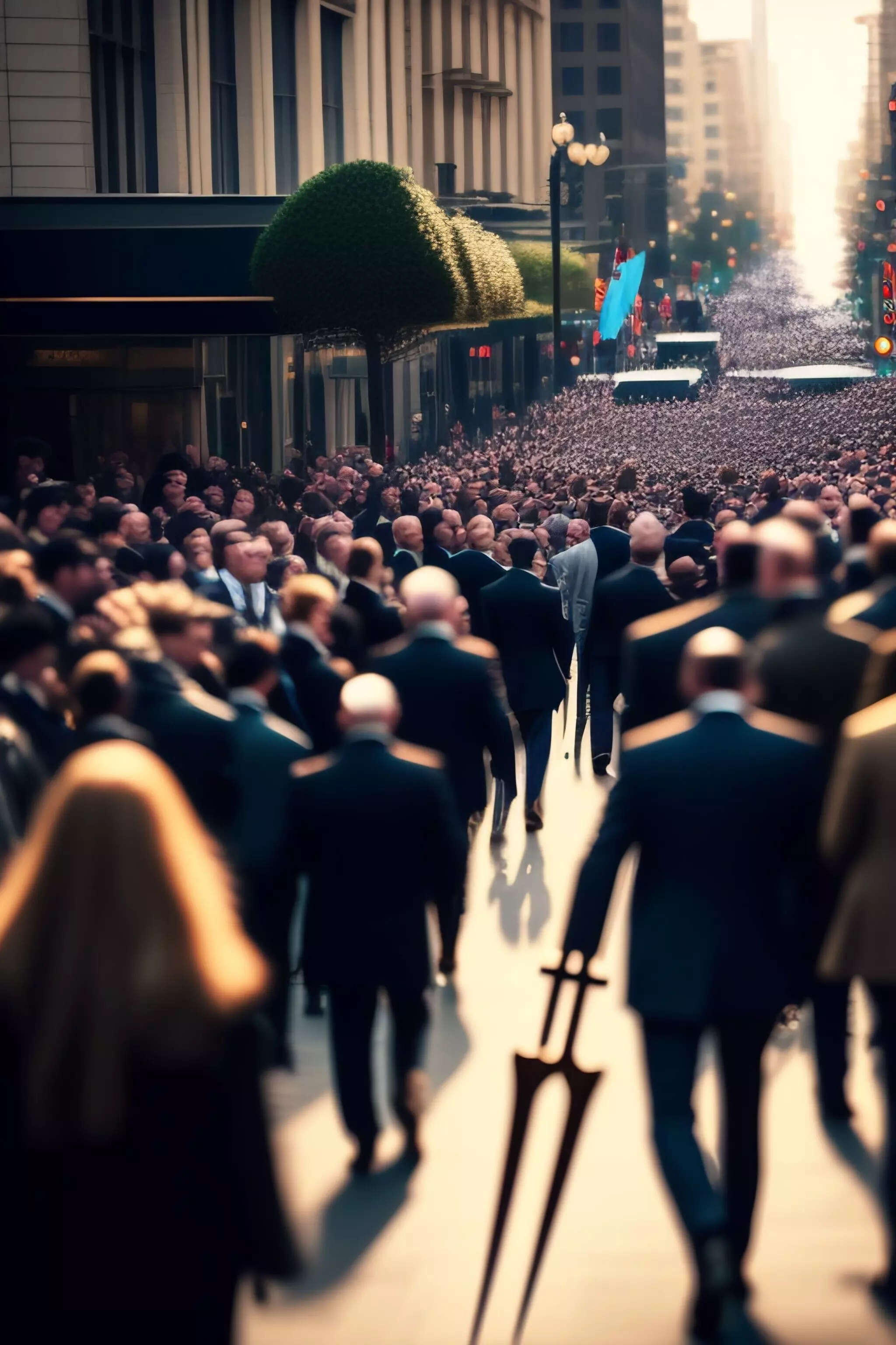 A mob holding up pitchforks walk a city street