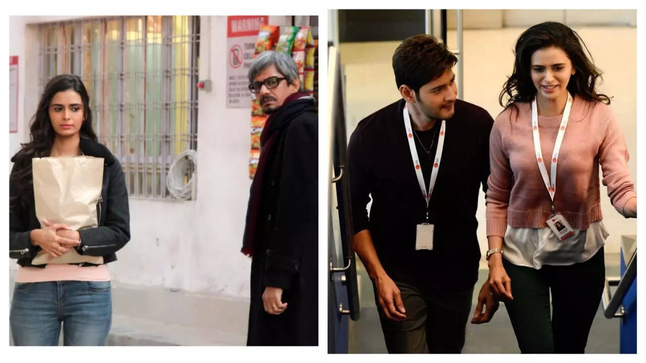 (L) Meenakshi Dixit with Vijay Raaz and (R) with Mahesh Babu