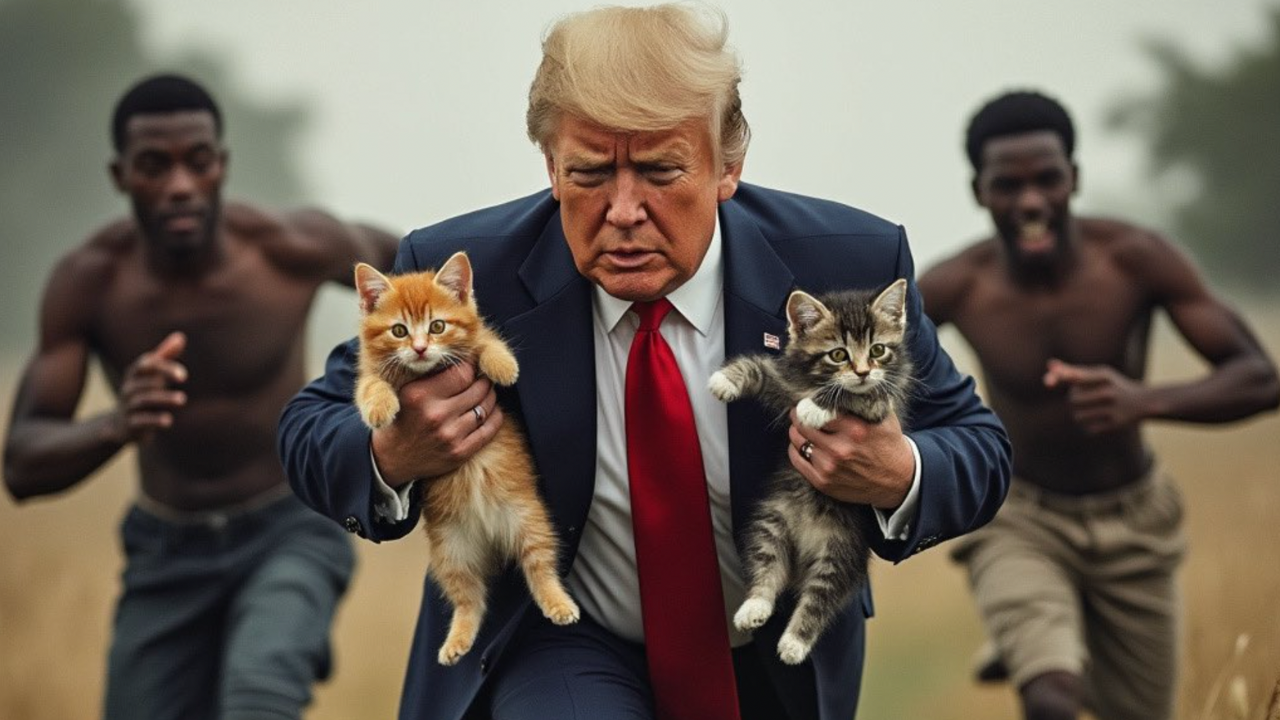 AI generated visuals of Trump coddling cats and ducks