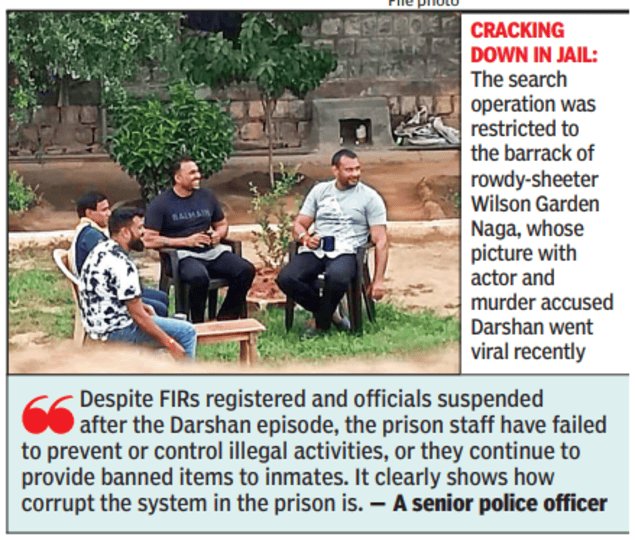 Police raided Bengaluru Central Prison, recovering banned items like mobile phones and cash.