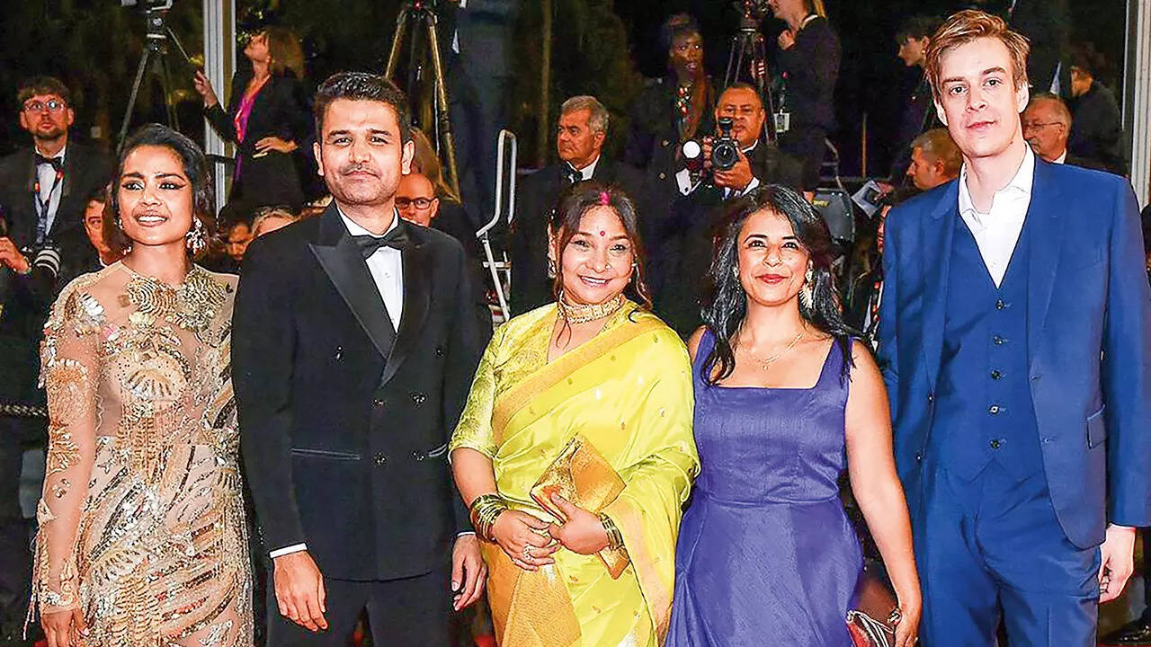 Sunita at Cannes with Sandhya Suri the director and Shahana Goswami her co-actor in the film Santosh along with others