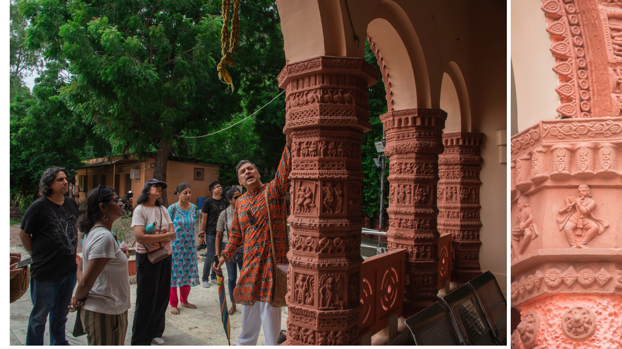 ​Terracotta tiles don the walls and pillars at the temple in CR Park, showcasing motifs like elephants, fish, and Radha-Krishna, Nataraj, to name a few.​
