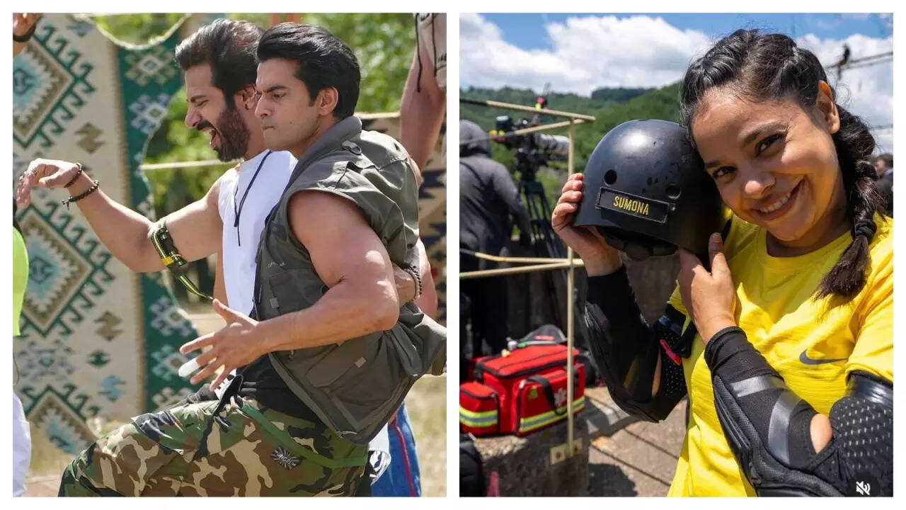Karan with Gashmeer Mahajani and (right) Sumona Chakravarti at the shoot of Fear Factor: Khatron Ke Khiladi 14 (Instagram)
