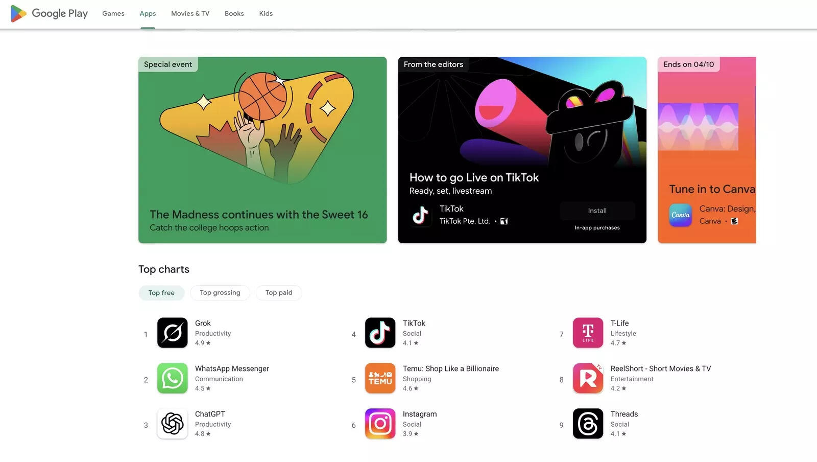 A screenshot of US Google Play Store listing with Grok at top