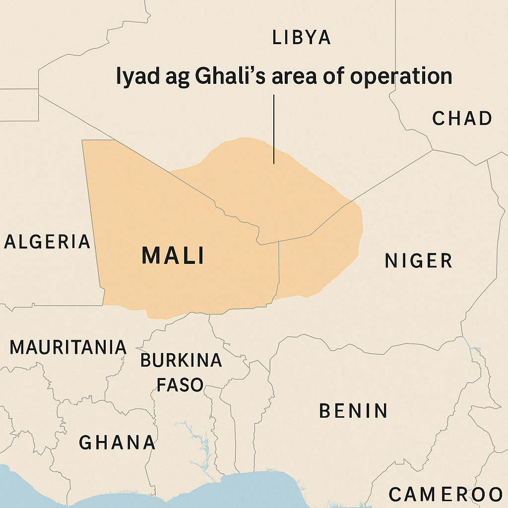 Map showing Iyad ag Ghali’s primary areas of operation across the Sahel, including northern and central Mali, eastern Burkina Faso, and western Niger — a region at the heart of the jihadist insurgency.