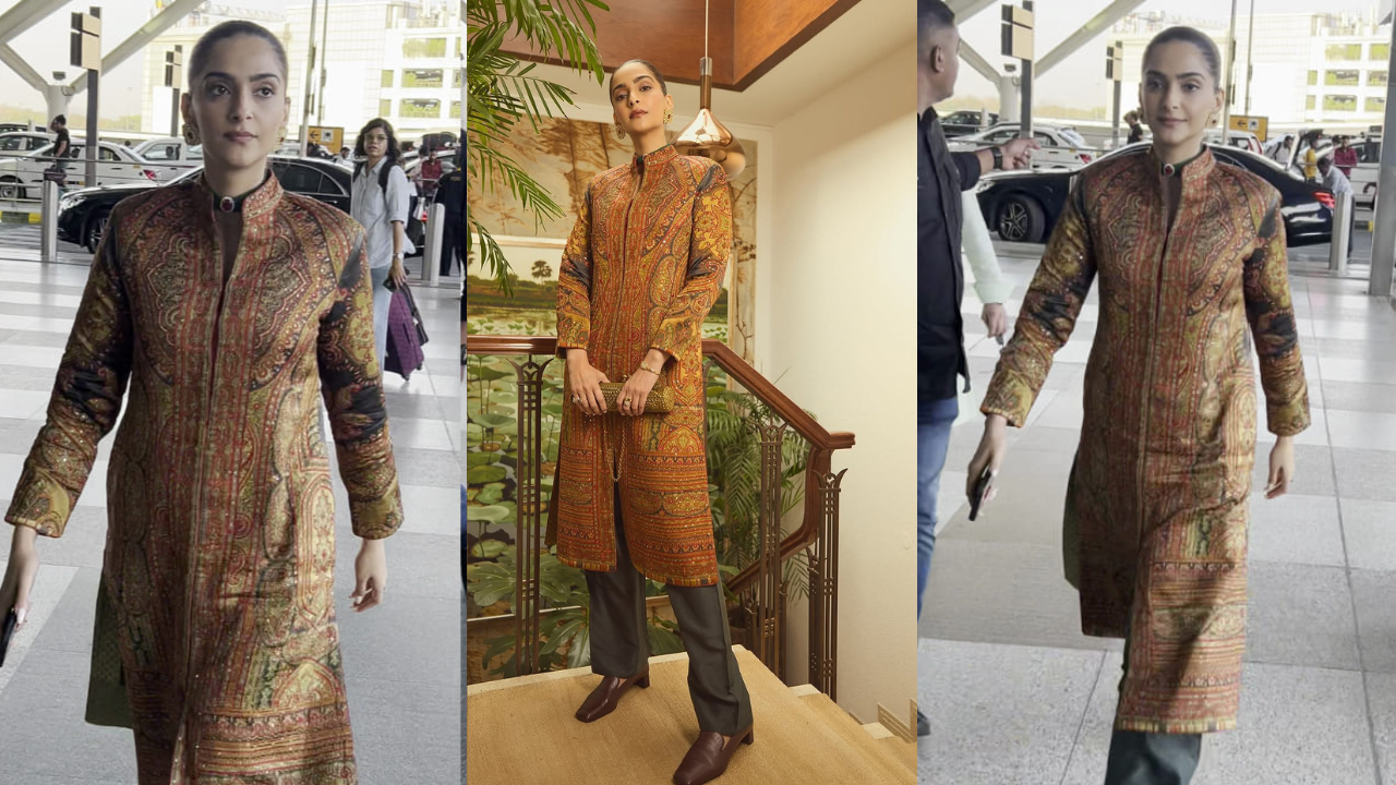 Sonam at airport in luxurious Kashmiri coat
