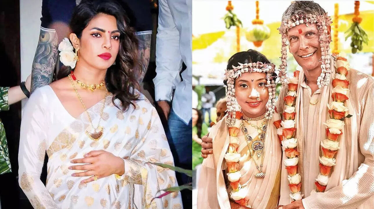 Priyanka Chopra wore a traditional Assamese pearl-white sari, pairing it with junbiri and golpota style Axomiya gohona during the Awesome Assam campaign in 2018 (left)/Model and athlete Ankita Konwar, who married actor and model Milind Soman in 2018, wore traditional Assamese necklaces of lokaparo, junbiri and dholbiri style for her wedding rituals (right)