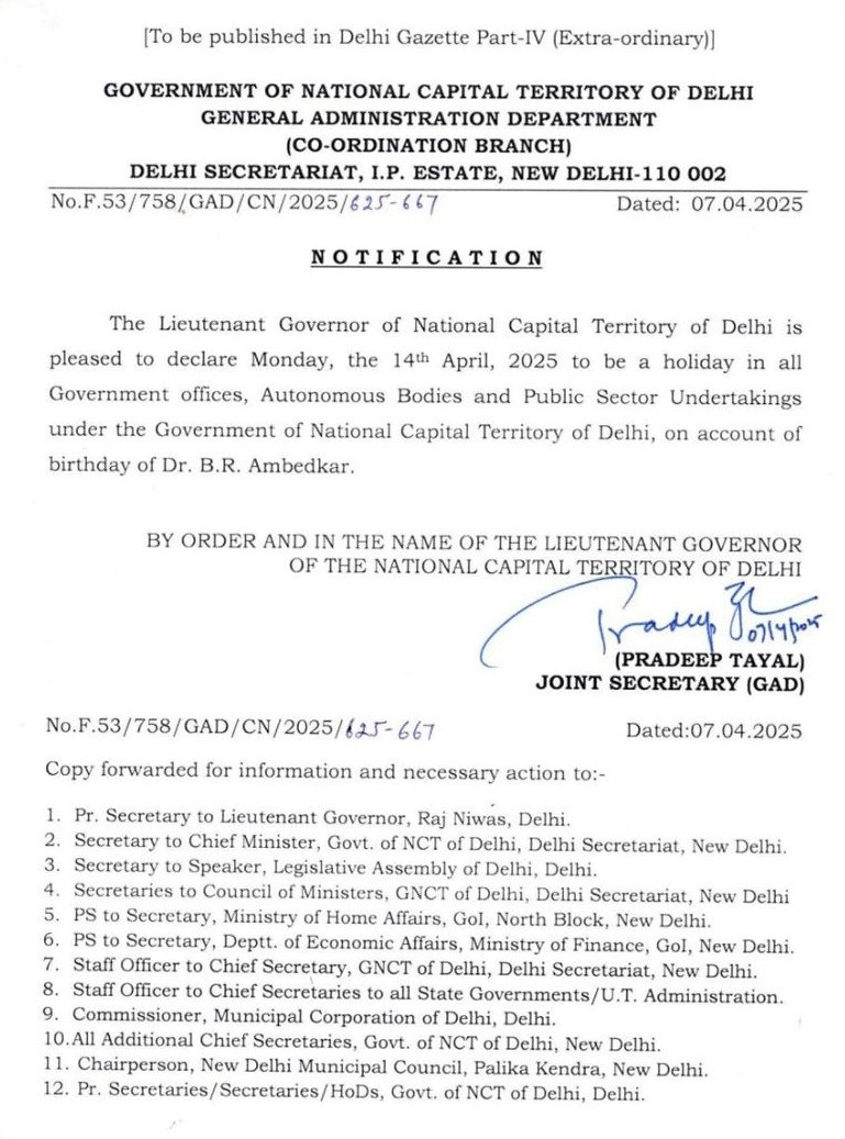 Delhi LG VK Saxena declares April 14 holiday on Ambedkar Jayanti