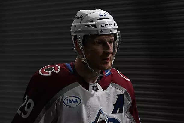 Nathan MacKinnon #29 of the Colorado Avalanche walks in the tunnel prior to the third period against the Dallas Stars of Game One of the First Round of the 2025 Stanley Cup Playoffs