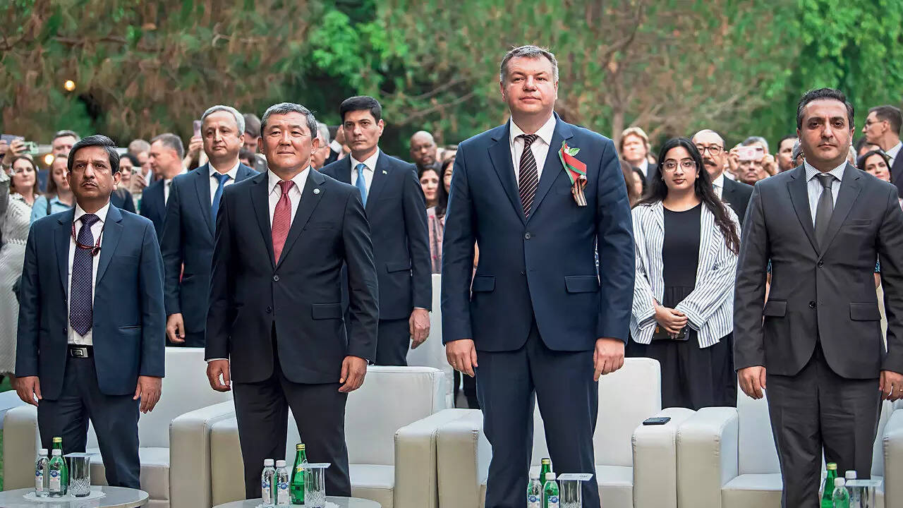 Askar Beshimov, Ambassador of Kyrgyzstan (second from left), with Mikhail Kasko, Ambassador of Belarus (middle) and Vahagn Afyan, Ambassador of Armenia (extreme right)