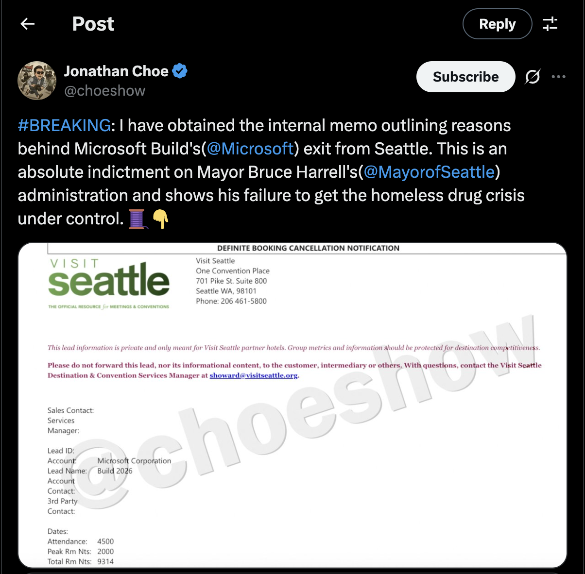 X post showing reason for Microsoft to move Build out of Seattle