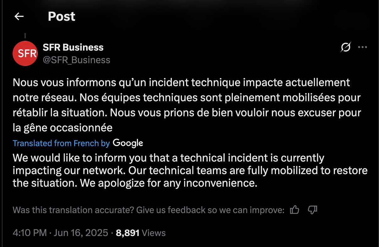 SFR shares outage update on X