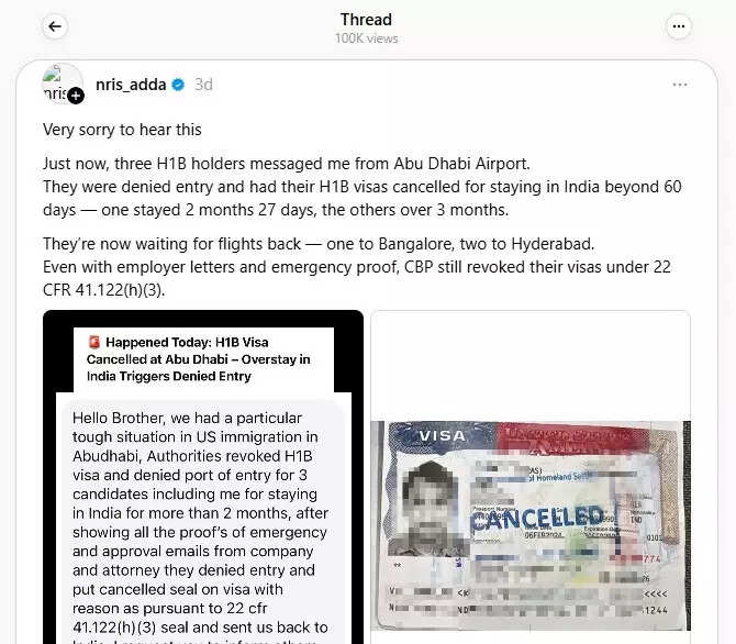 A Thread post shared the incident of 3 H-1B visa holders denied entry to the US.