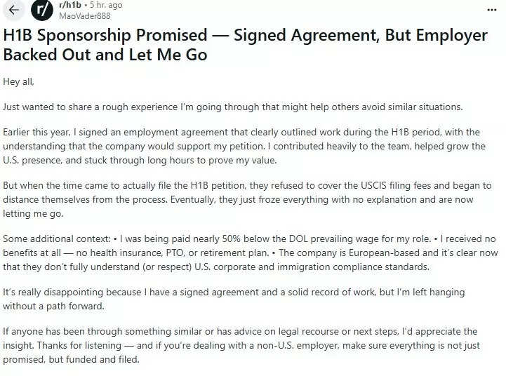 Redditor says company broke promise of H-1B sponsorship despite agreement.