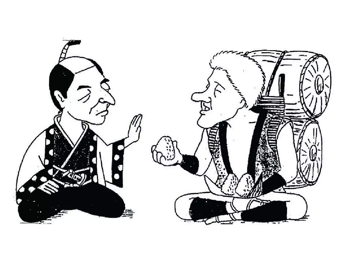 NO, THANKS: Ohnuki-Tiernay showcases a 1993 cartoon showing Bill Clinton offering rice balls to then- PM Hosokawa