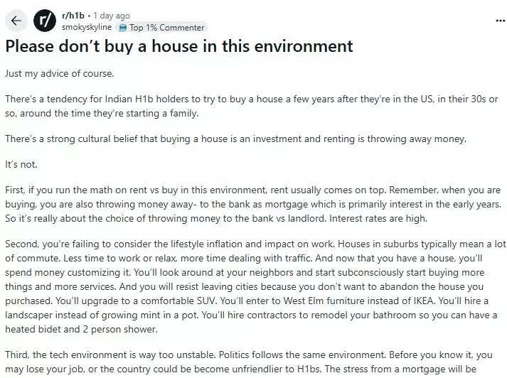 The viral Reddit post on whether non-citizens should buy a house in the US.