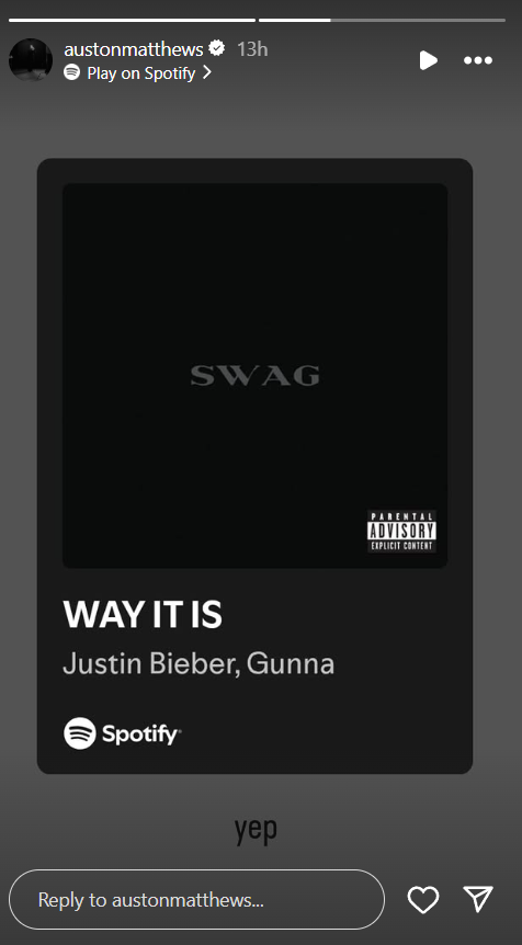 Auston Matthews reacts with excitement on social media to Justin Bieber’s surprise album swag
