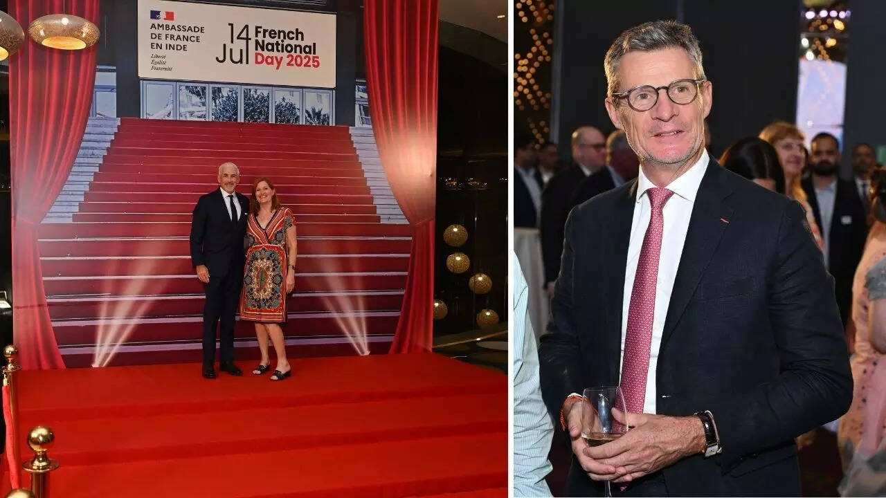 Shombi Sharp, UN Resident Coordinator, posed with his wife Sarah Watterson at a Cannes-style photo station, striking a pose on the red carpet rolled out for the French Riviera-themed evening; EU Ambassador Hervé Delphin
