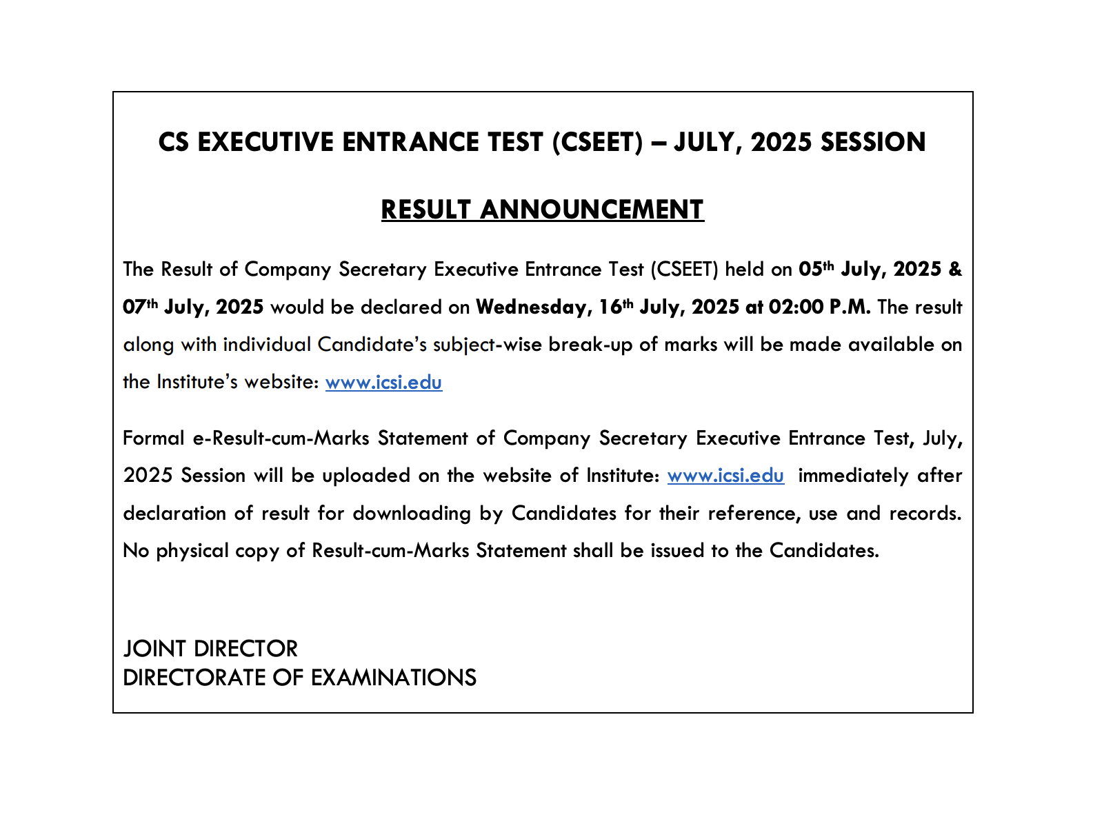 ICSI CSEET July 2025 result date and time