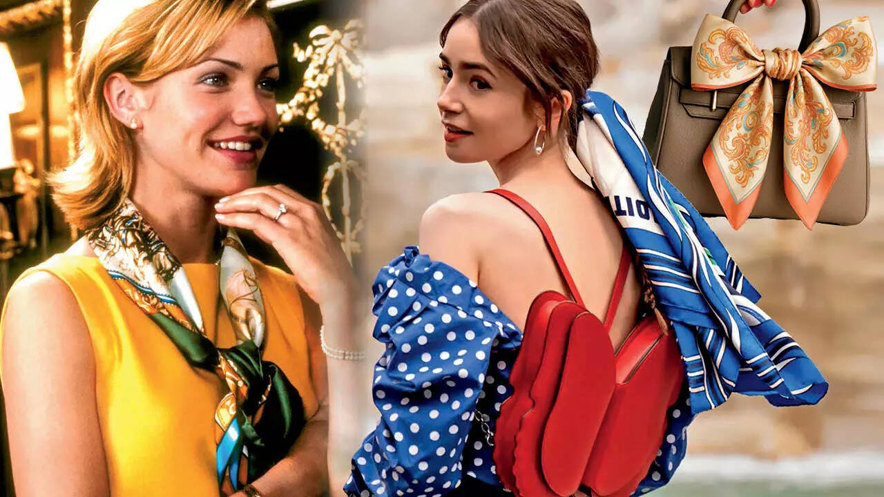 Cameron Diaz serves elegance in a still from My Best Friend’s Wedding (1997) & Lily Collins adds a flirty Parisian twist with a blue, silk ponytail scarf