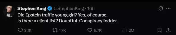 Stephen King's X post on Epstein