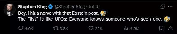 Stephen King's X post on Epstein