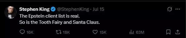 Stephen King's X post on Epstein