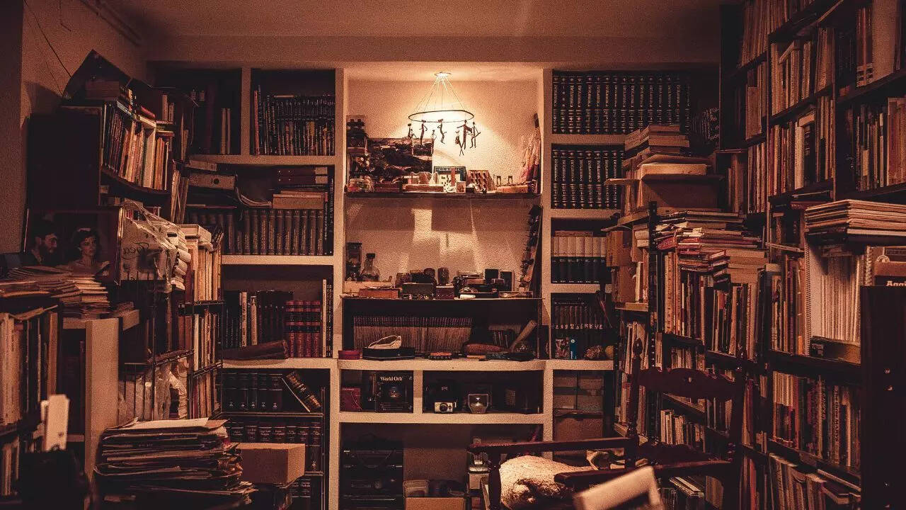 Overstuffed bookshelves