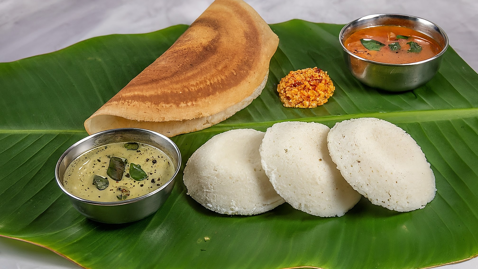 South Indian Breakfast on Banana Leaf